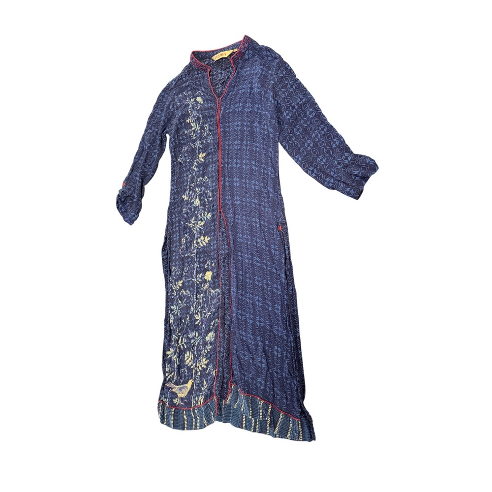 Biba Blue Printed Kurta Tunic Floral Bird Geometric Roll Tab Sleeve Size 32